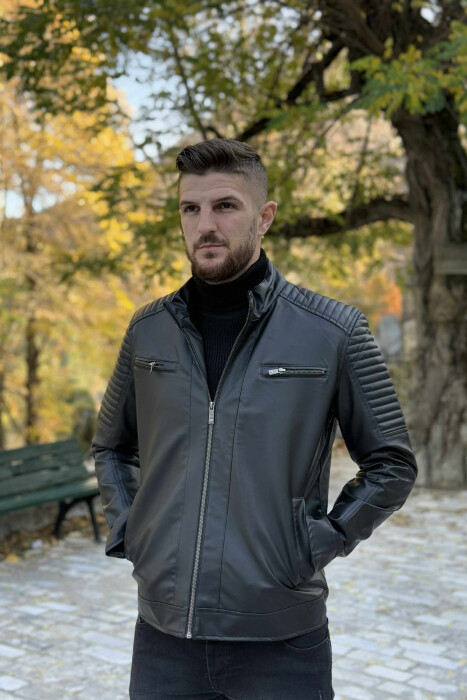 ZIPPER LEATHER BIKER MEN JACKET BLACK/ E ZEZE - 4