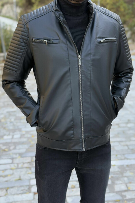 ZIPPER LEATHER BIKER MEN JACKET BLACK/ E ZEZE - 6