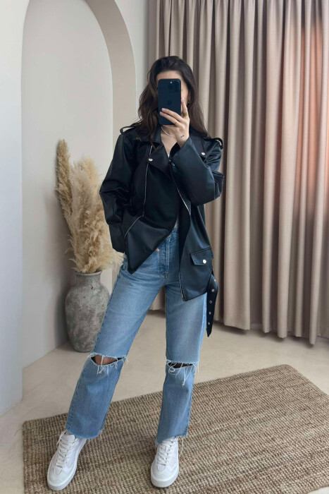 ZIPPER LEATHER WOMEN JACKET BLACK/ E ZEZE - 1