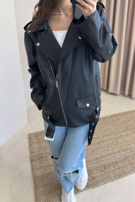 ZIPPER LEATHER WOMEN JACKET BLACK/ E ZEZE - 4