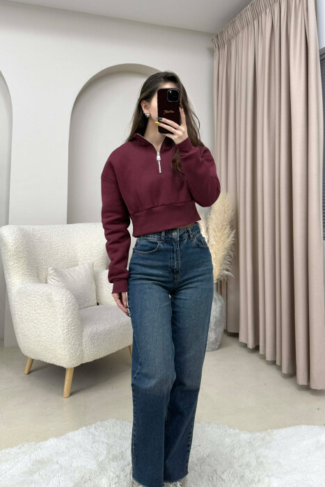 ZIPPER NECK CROPPED FLUFFY WOMEN SWEATSHIRT BURGUNDY/VISHNJE - 1