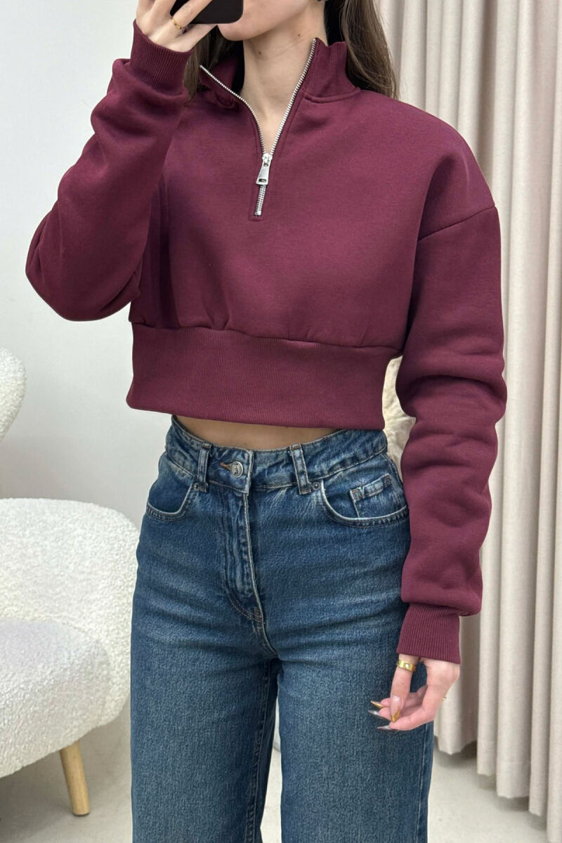 ZIPPER NECK CROPPED FLUFFY WOMEN SWEATSHIRT BURGUNDY/VISHNJE - 2