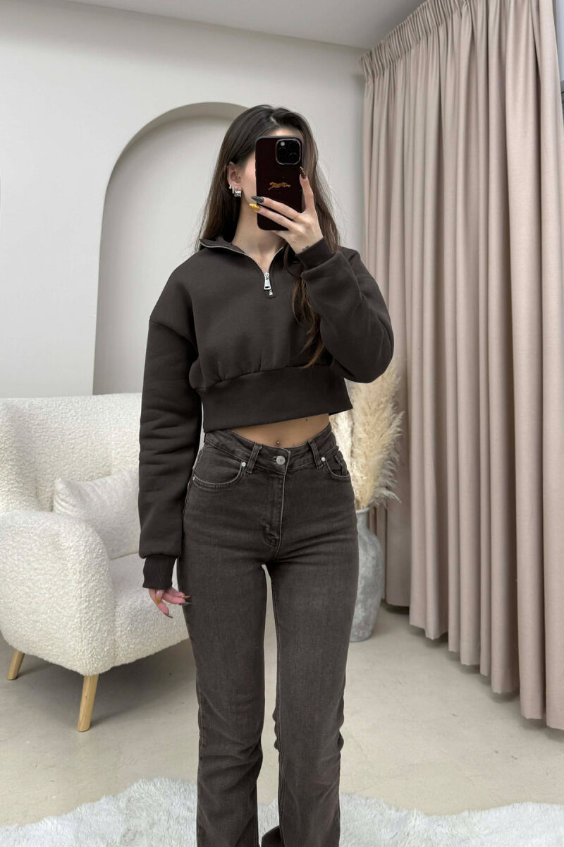 ZIPPER NECK CROPPED FLUFFY WOMEN SWEATSHIRT DARK BROWN/KAE - 1