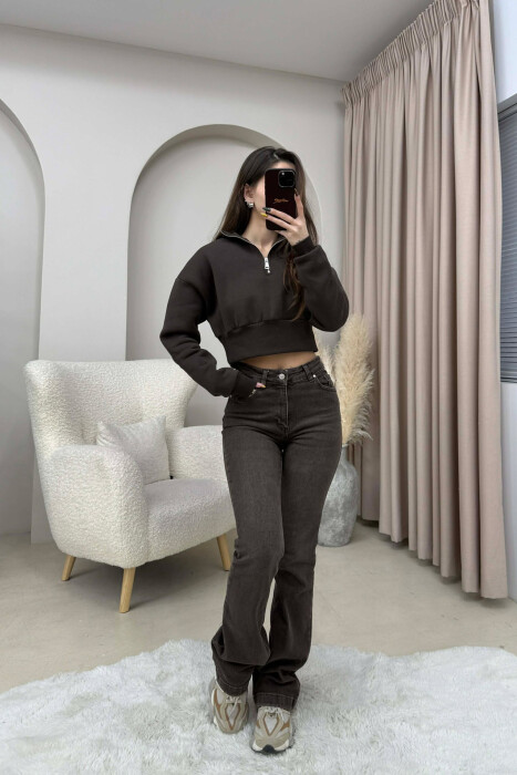 ZIPPER NECK CROPPED FLUFFY WOMEN SWEATSHIRT DARK BROWN/KAE - 3