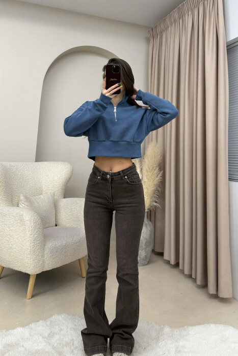 ZIPPER NECK CROPPED FLUFFY WOMEN SWEATSHIRT LIGHTBLUE/BZ - 2