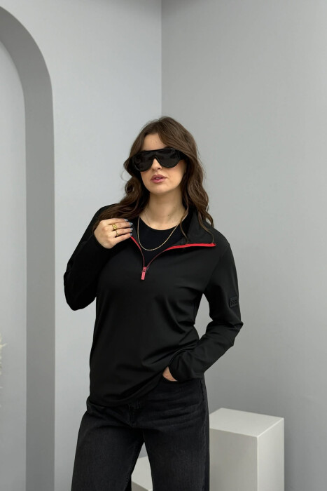 ZIPPER NECK ELASTIC ONE COLOR WOMEN SWEATSHIRT BLACK/ E ZEZE - 2