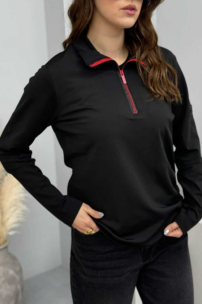 ZIPPER NECK ELASTIC ONE COLOR WOMEN SWEATSHIRT BLACK/ E ZEZE - 3