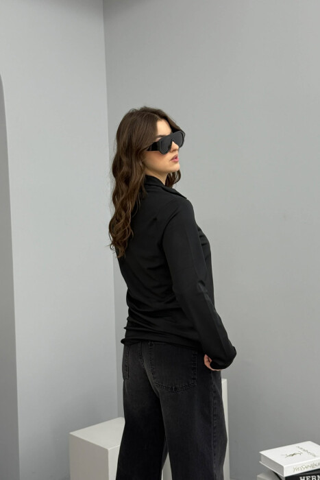 ZIPPER NECK ELASTIC ONE COLOR WOMEN SWEATSHIRT BLACK/ E ZEZE - 5