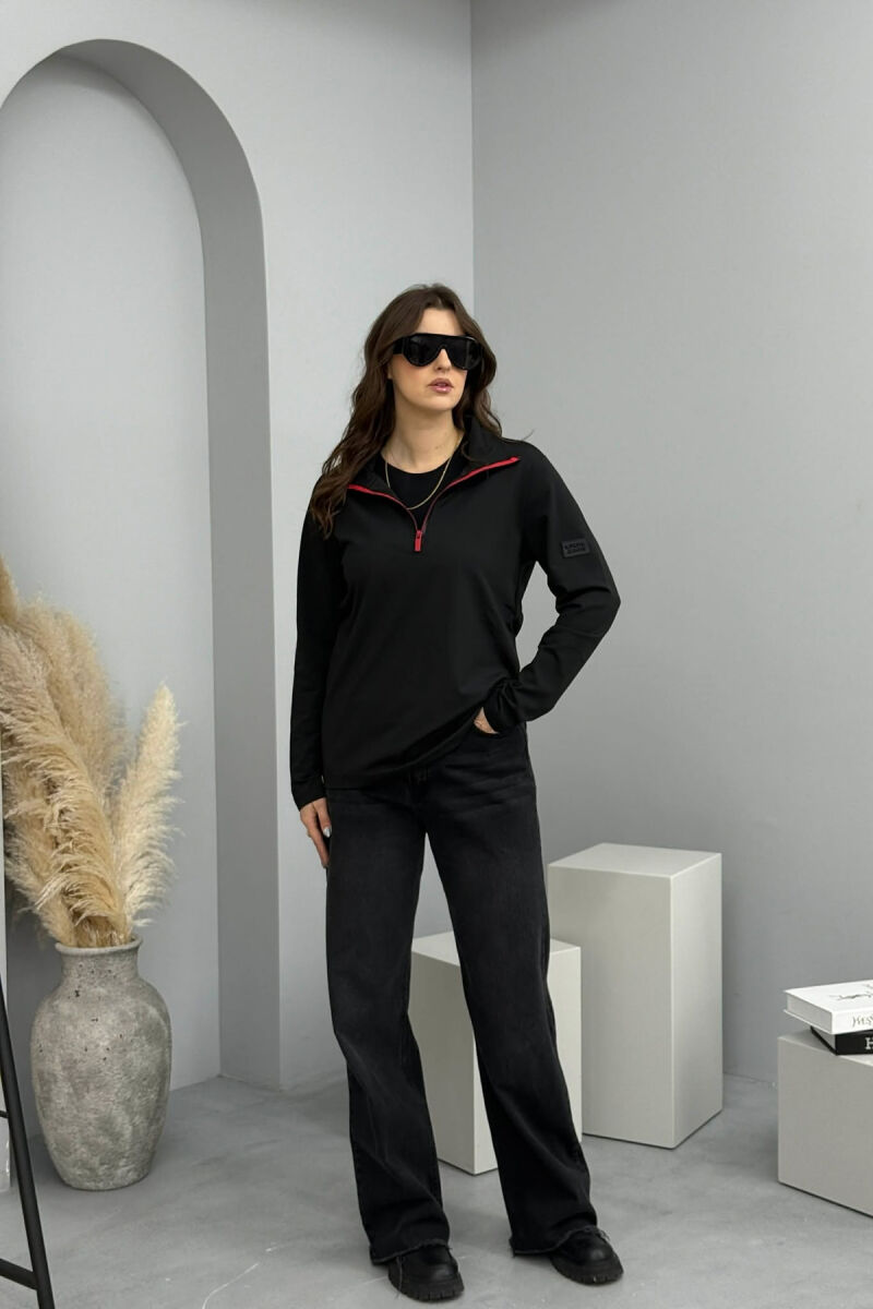 ZIPPER NECK ELASTIC ONE COLOR WOMEN SWEATSHIRT BLACK/ E ZEZE - 6