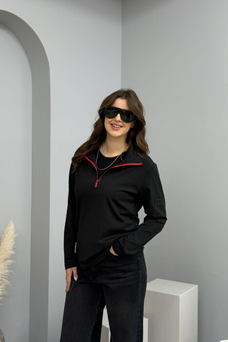 ZIPPER NECK ELASTIC ONE COLOR WOMEN SWEATSHIRT BLACK/ E ZEZE - KLAUDIO FASHION