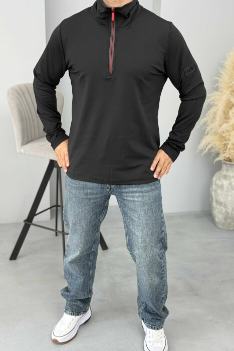 ZIPPER NECK ELASTIC ONE COLOR MEN SWEATSHIRT BLACK/ E ZEZE - KLAUDIO FASHION