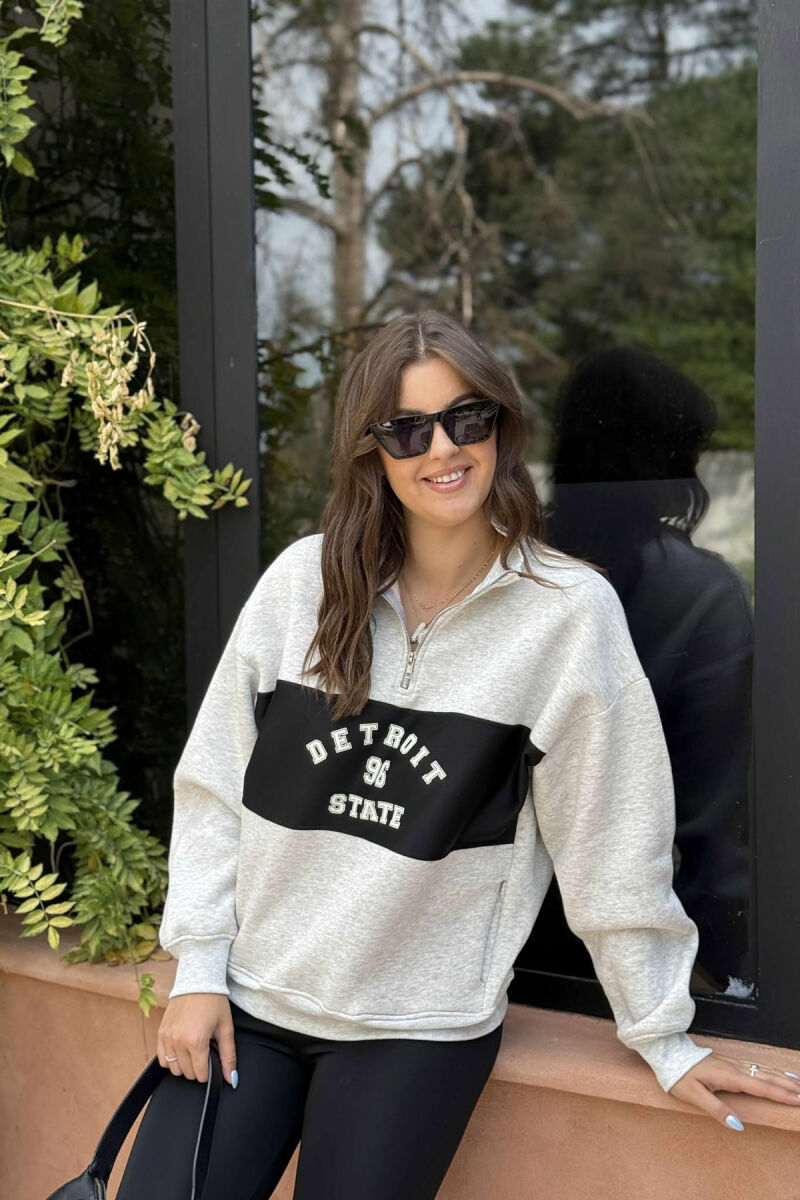 ZIPPER NECK FLUFFY FRONT WRITTINGS WOMEN SWEATSHIRT LIGHT GREY/GZ - 1