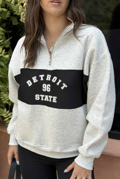 ZIPPER NECK FLUFFY FRONT WRITTINGS WOMEN SWEATSHIRT LIGHT GREY/GZ - 2