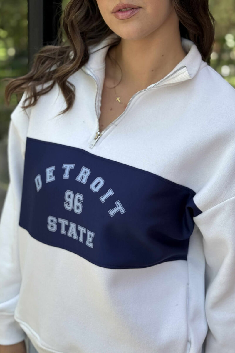 ZIPPER NECK FLUFFY FRONT WRITTINGS WOMEN SWEATSHIRT WHITE-BLUE/BABL - 2