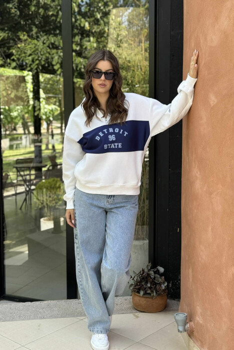 ZIPPER NECK FLUFFY FRONT WRITTINGS WOMEN SWEATSHIRT WHITE-BLUE/BABL - 4