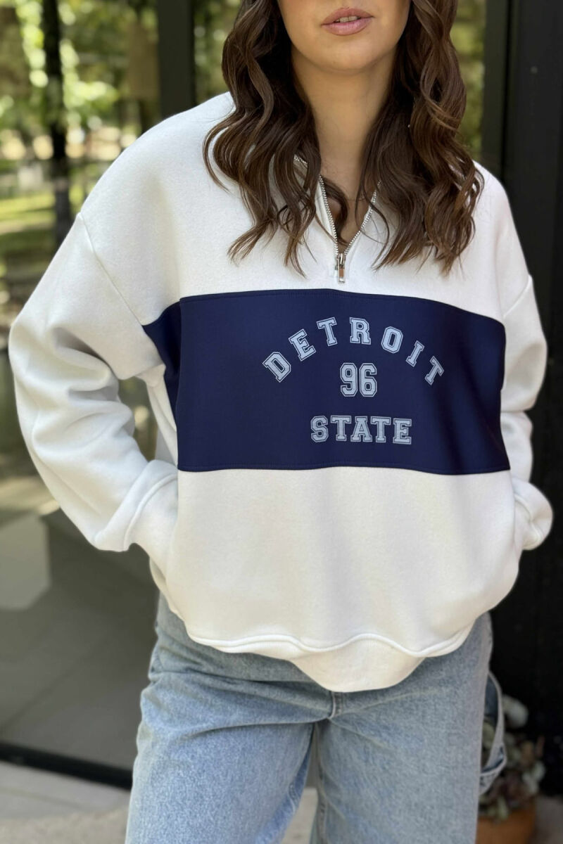 ZIPPER NECK FLUFFY FRONT WRITTINGS WOMEN SWEATSHIRT WHITE-BLUE/BABL - 5