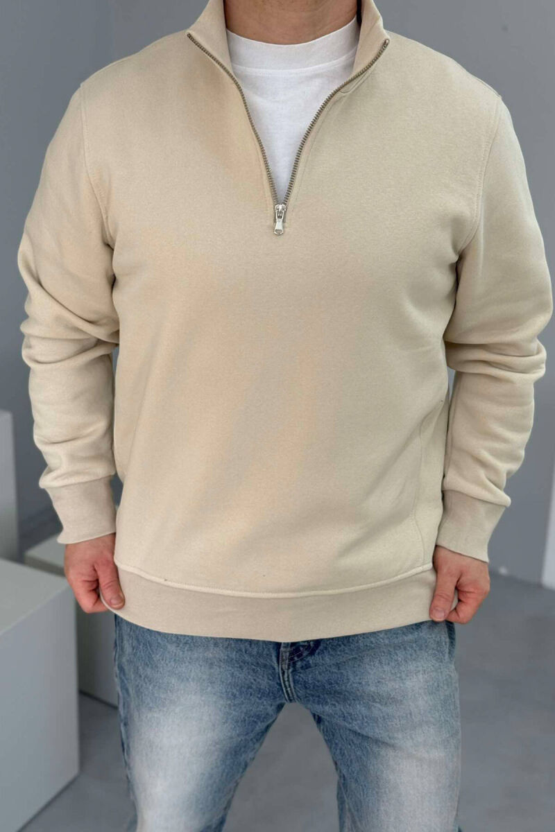 ZIPPER NECK FLUFFY MEN SWEATSHIRT IN CREAM COLOR - 1