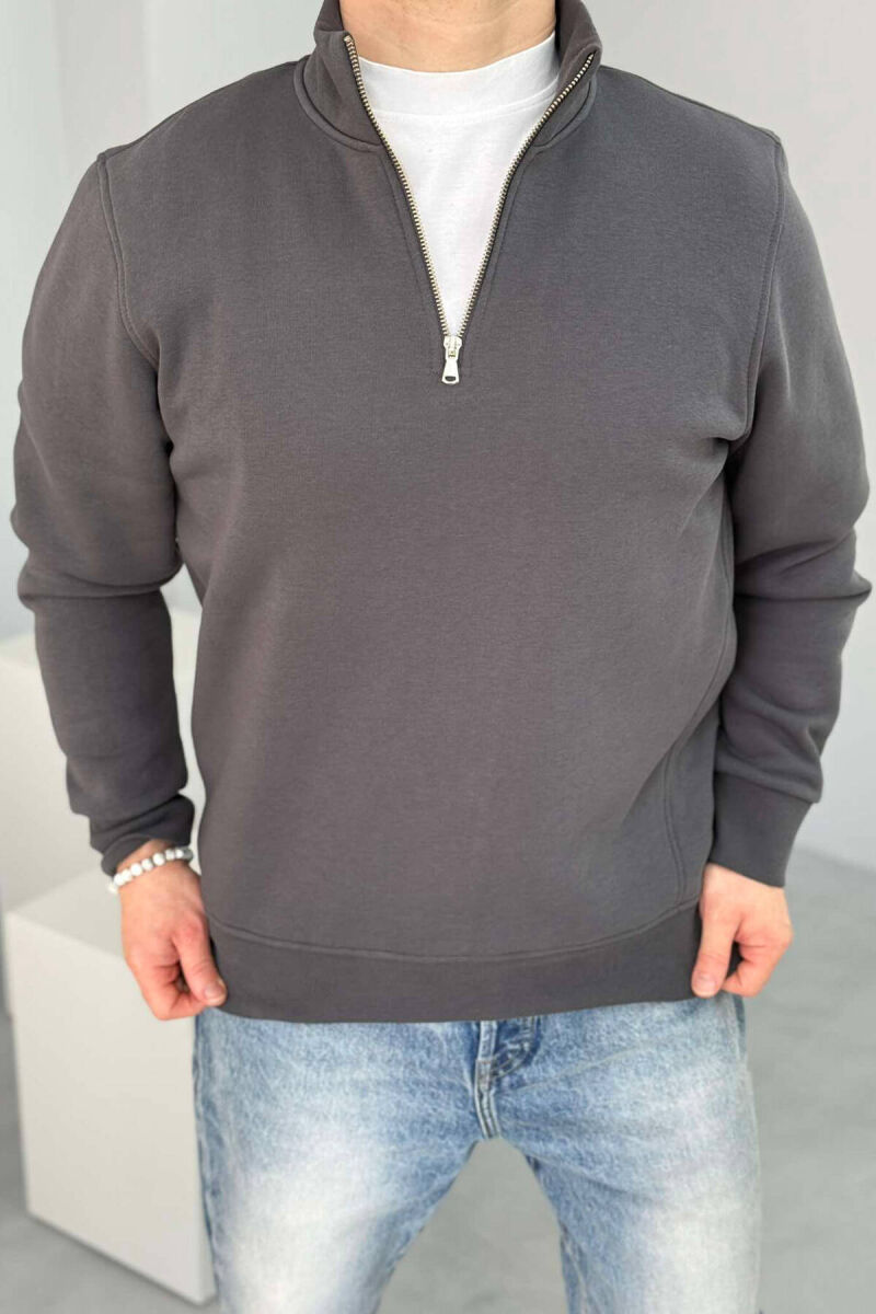 ZIPPER NECK FLUFFY MEN SWEATSHIRT IN DARK GREY COLOR - 1