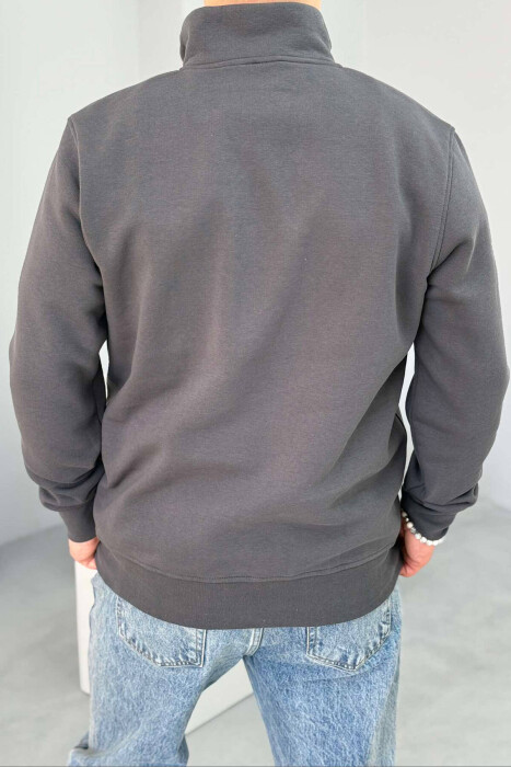 ZIPPER NECK FLUFFY MEN SWEATSHIRT IN DARK GREY COLOR - 3