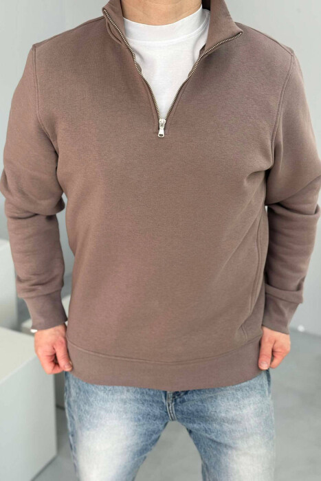 ZIPPER NECK FLUFFY MEN SWEATSHIRT IN LIGHT BROWN COLOR - 1