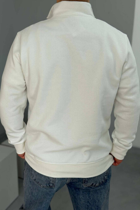 ZIPPER NECK FLUFFY MEN SWEATSHIRT IN WHTE COLOR - 3