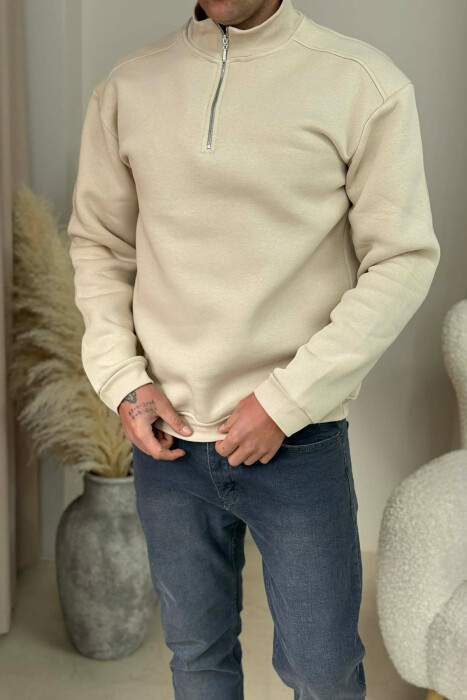 ZIPPER NECK FLUFFY MEN SWEATSHIRT BEIGE/BEZHE 