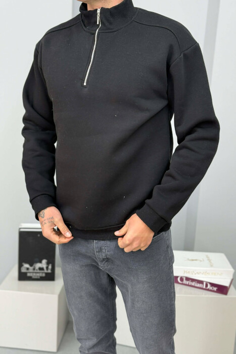 ZIPPER NECK FLUFFY MEN SWEATSHIRT BLACK/ E ZEZE - 1