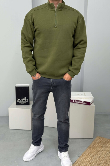 ZIPPER NECK FLUFFY MEN SWEATSHIRT GREEN/JESHILE - 2