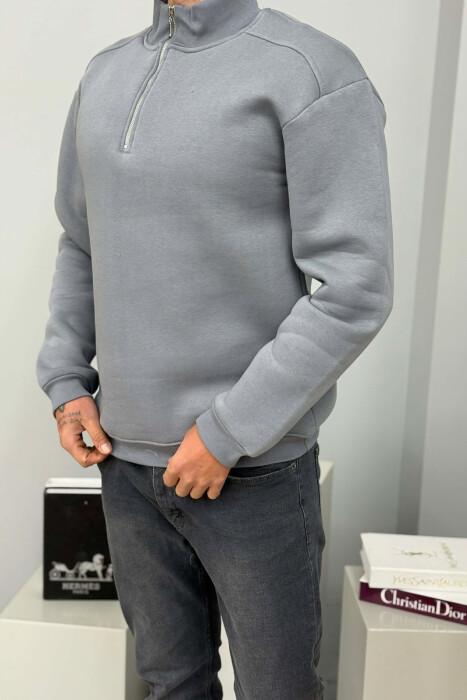 ZIPPER NECK FLUFFY MEN SWEATSHIRT GREY/GRI - 1