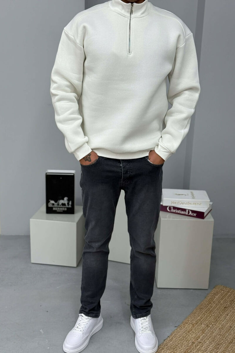 ZIPPER NECK FLUFFY MEN SWEATSHIRT WHITE-E BARDHE - 2