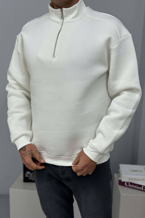 ZIPPER NECK FLUFFY MEN SWEATSHIRT WHITE-E BARDHE 