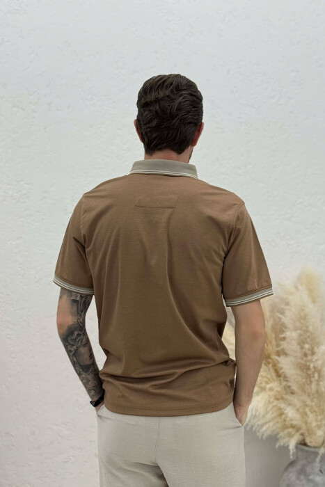ZIPPER NECK MEN T-SHIRT LIGHT BROWN/KAZB - 2