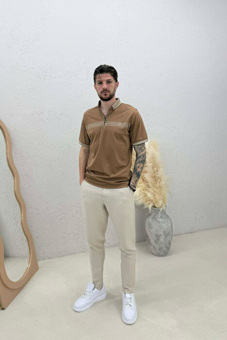 ZIPPER NECK MEN T-SHIRT LIGHT BROWN/KAZB - 3