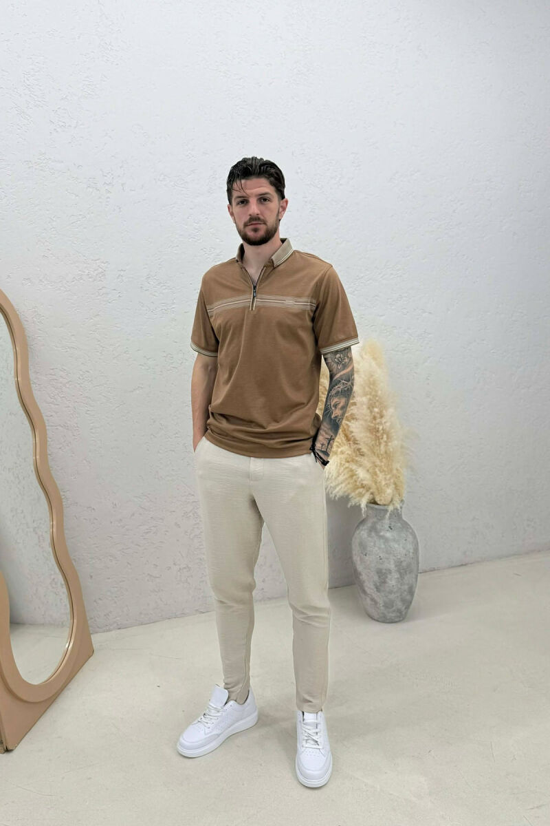 ZIPPER NECK MEN T-SHIRT LIGHT BROWN/KAZB - 3