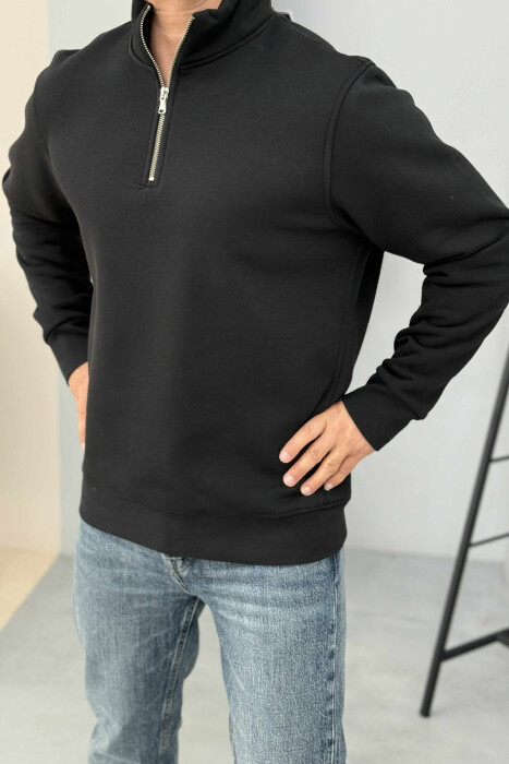 ZIPPER NECK ONE COLOR FLUFFY MEN SWEATSHIRT BLACK/ E ZEZE - 1