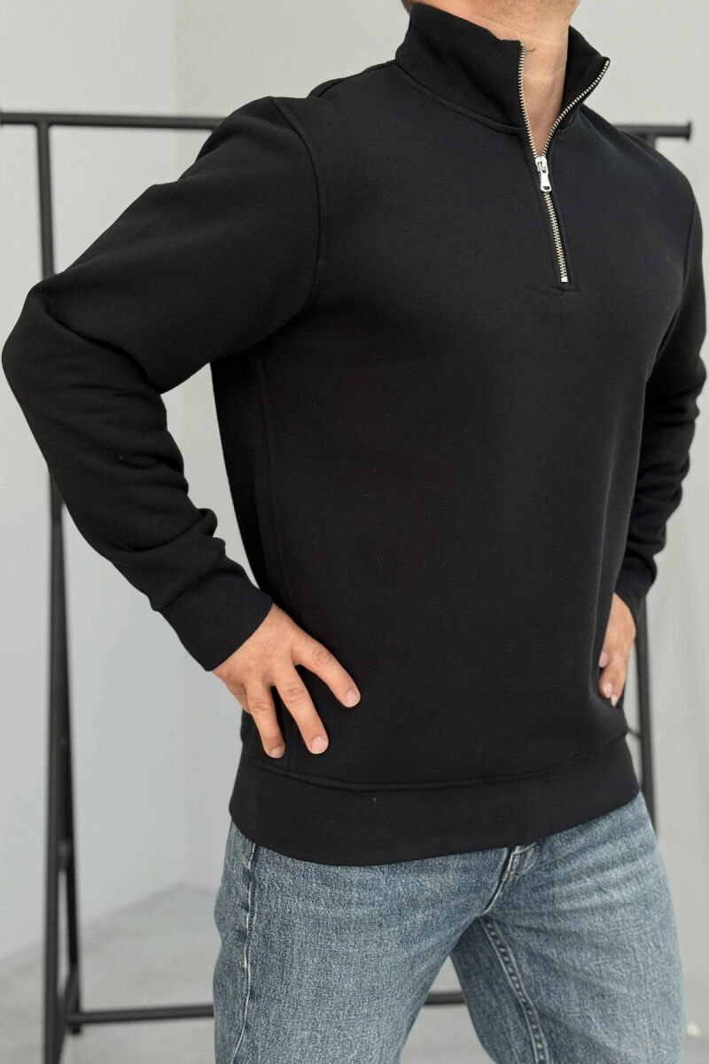 ZIPPER NECK ONE COLOR FLUFFY MEN SWEATSHIRT BLACK/ E ZEZE - 3