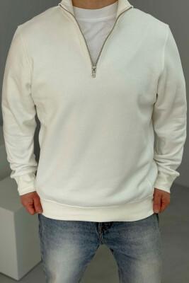 ZIPPER NECK ONE COLOR FLUFFY MEN SWEATSHIRT WHITE-E BARDHE 