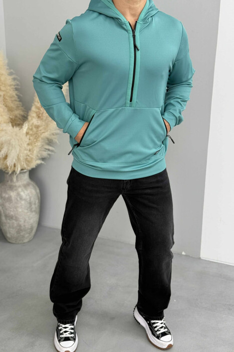 ZIPPER NECK ONE COLOR MEN HOODIE BLUE STONE/GK - 2