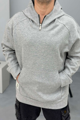 ZIPPER NECK ONE COLOR MEN HOODIE GREY/GRI 