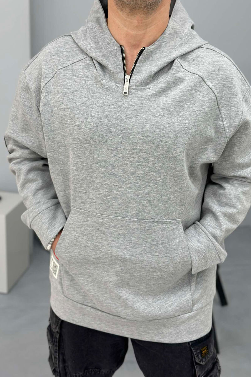 ZIPPER NECK ONE COLOR MEN HOODIE GREY/GRI - 1