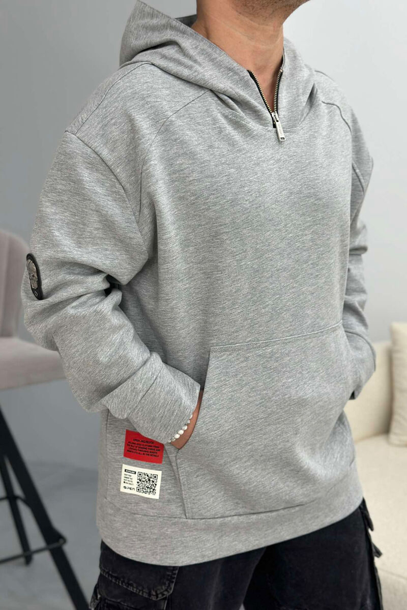 ZIPPER NECK ONE COLOR MEN HOODIE GREY/GRI - 2