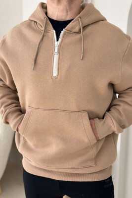 ZIPPER NECK ONE COLOR MEN HOODIE LIGHT BROWN/KAZB 