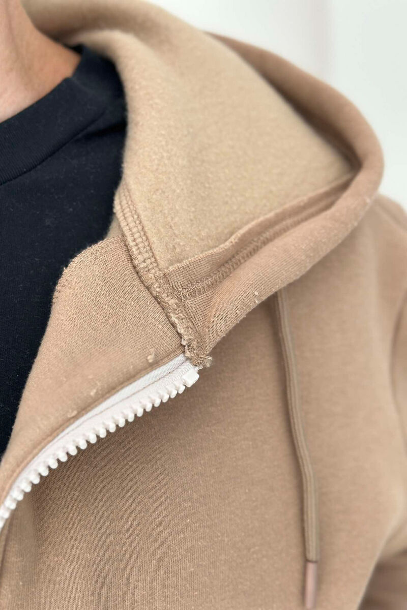 ZIPPER NECK ONE COLOR MEN HOODIE LIGHT BROWN/KAZB - 3