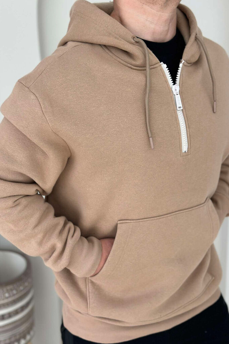 ZIPPER NECK ONE COLOR MEN HOODIE LIGHT BROWN/KAZB - 4