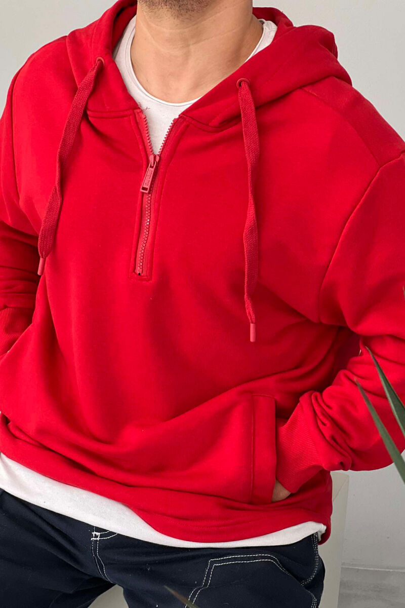 ZIPPER NECK ONE COLOR MEN HOODIE RED/E KUQE - 2