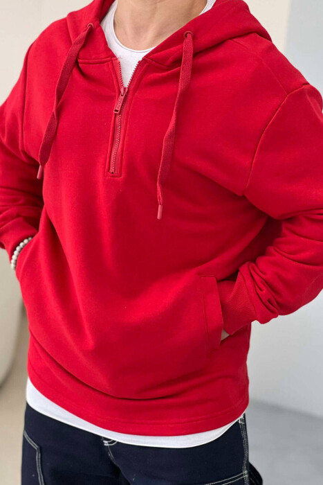 ZIPPER NECK ONE COLOR MEN HOODIE RED/E KUQE - 4