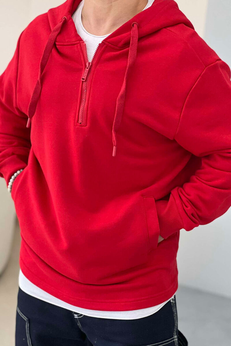 ZIPPER NECK ONE COLOR MEN HOODIE RED/E KUQE - 4