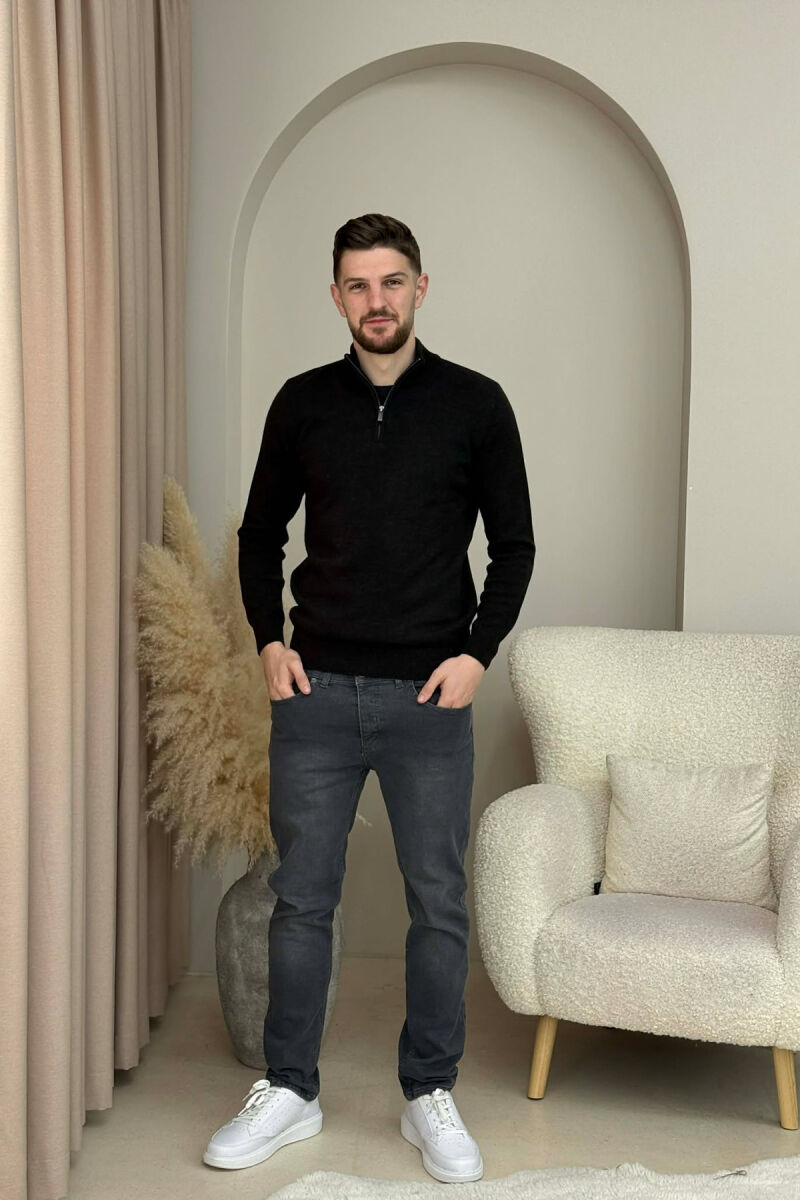 ZIPPER NECK ONE COLOR MEN SWEATER BLACK/ E ZEZE - 1