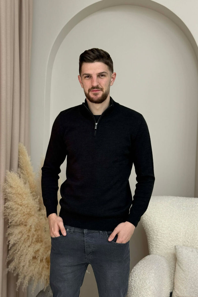 ZIPPER NECK ONE COLOR MEN SWEATER BLACK/ E ZEZE - 2