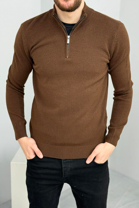 ZIPPER NECK ONE COLOR MEN SWEATER BROWN/KAFE 